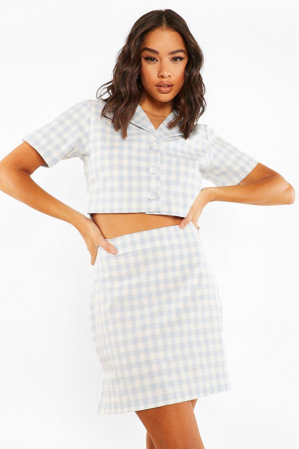 Gingham skirt white top best sale